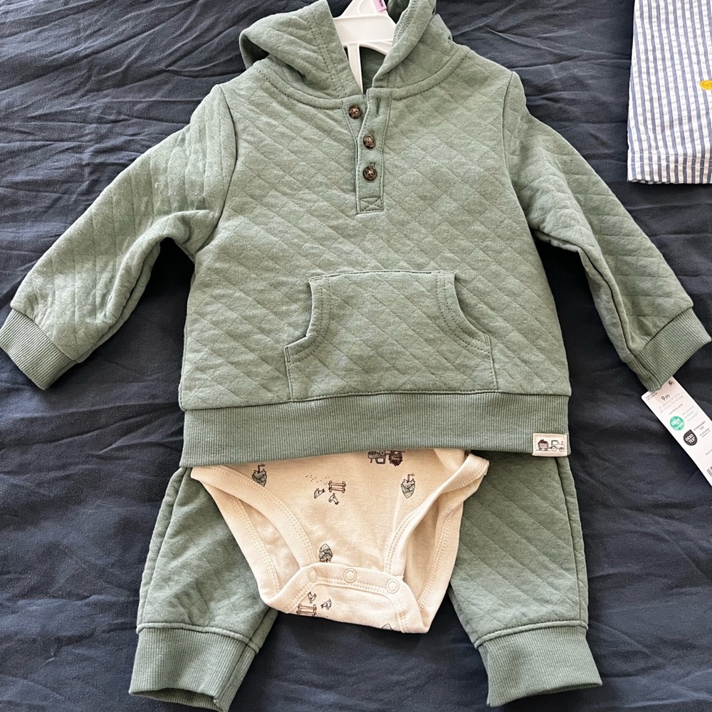 Carter's Quilted Moss Green Hooded Baby Outfit with Cream Onesie
